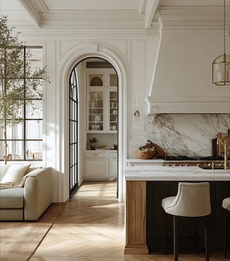 A visualised kitchen: an arched doorway to a pantry, a marble range wall and a dark island with linen stools