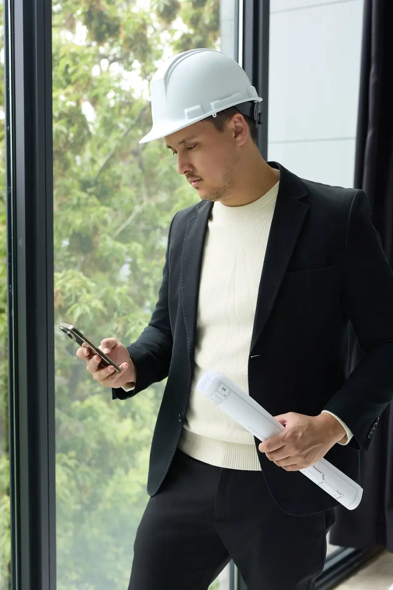 Thiago Hara, operations director, on site with a rolled set of drawings